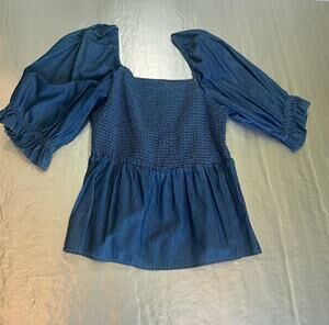 NY&Co XL Chambray Smocked Peplum Top Puff Sleeve Square Neck Blue